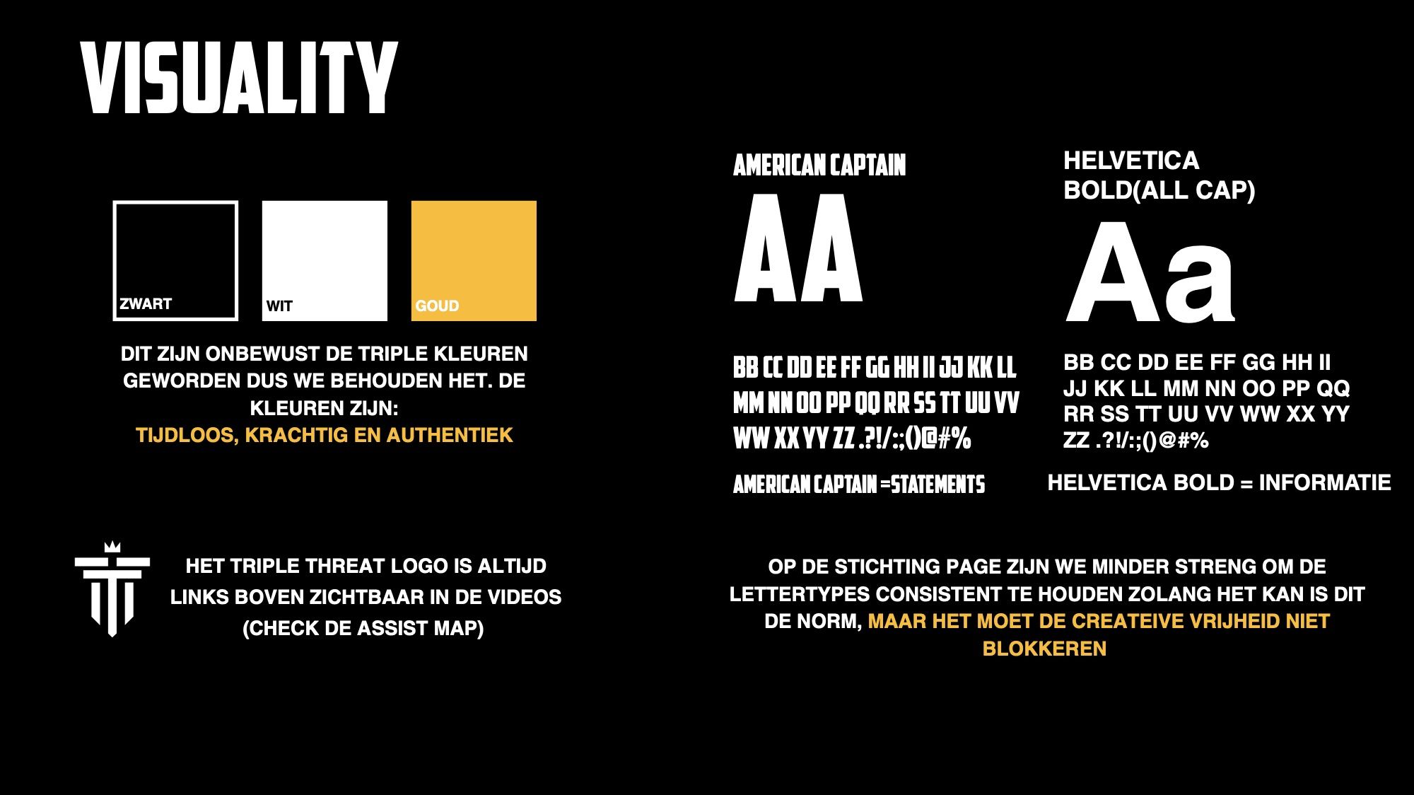 Stijlgidspagina van Triple ThreaT met de kleuren zwart, wit en goud, de lettertypes en het logo.